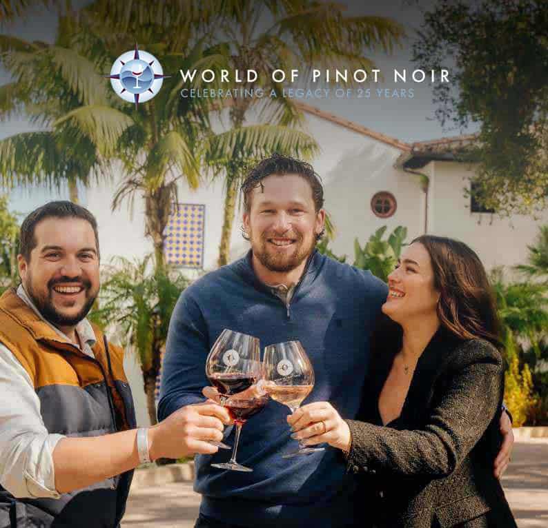 Three people clinking wine glasses under a WOPN logo